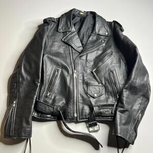 Vintage Black Leather Motorcycle Biker Jacket Mens Size L Real Leather Zip 90s